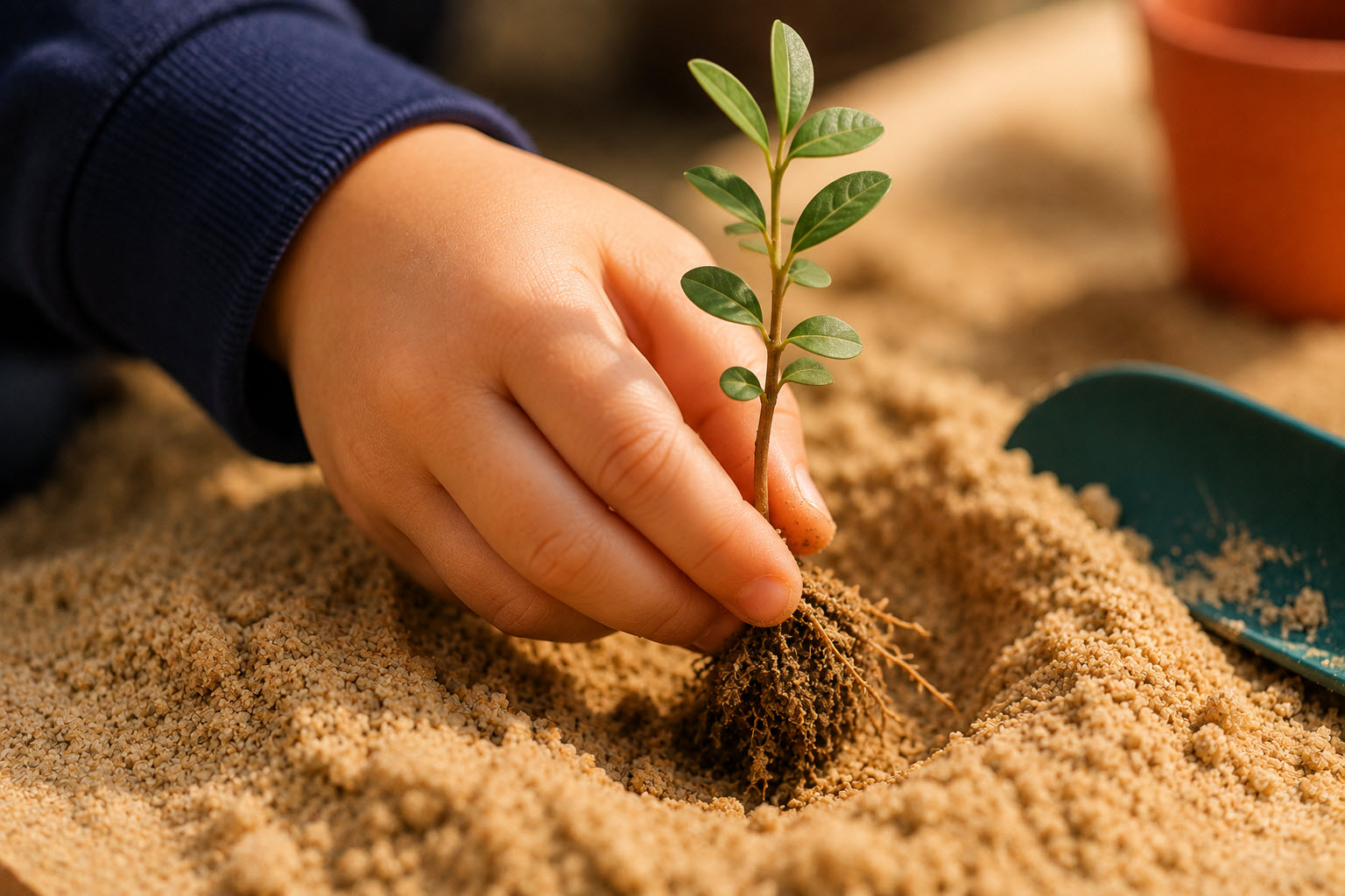 A student planting a seedling in warm sunlight